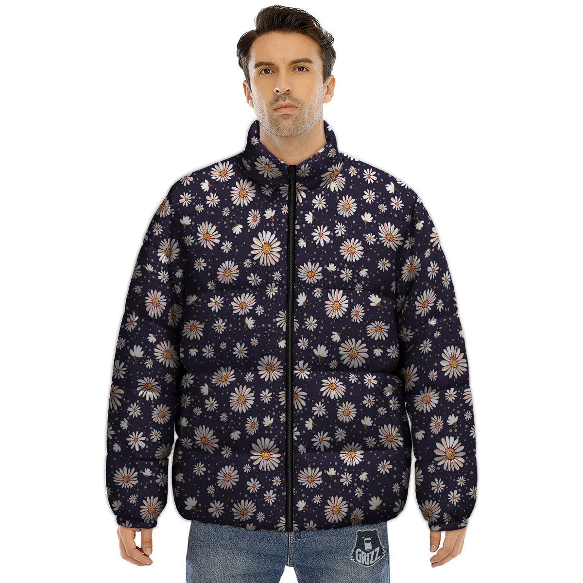 Daisy Flower Polka Dot Print Pattern Puffer Jacket-grizzshop