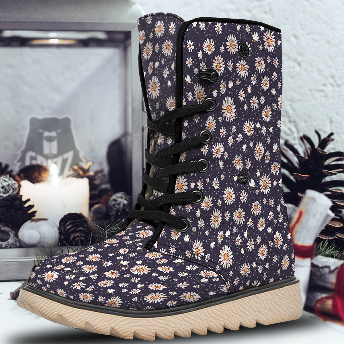 Daisy Flower Polka Dot Print Pattern Snow Boots-grizzshop