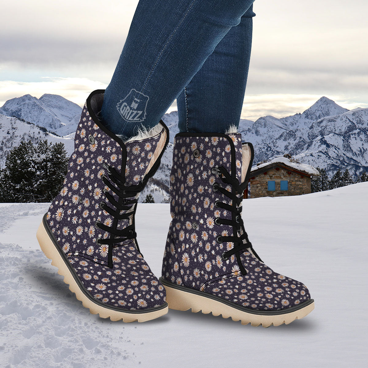 Daisy Flower Polka Dot Print Pattern Snow Boots-grizzshop