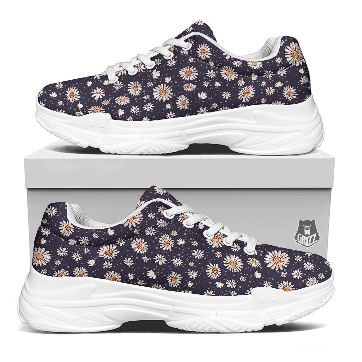 Daisy Flower Polka Dot Print Pattern White Chunky Shoes-grizzshop