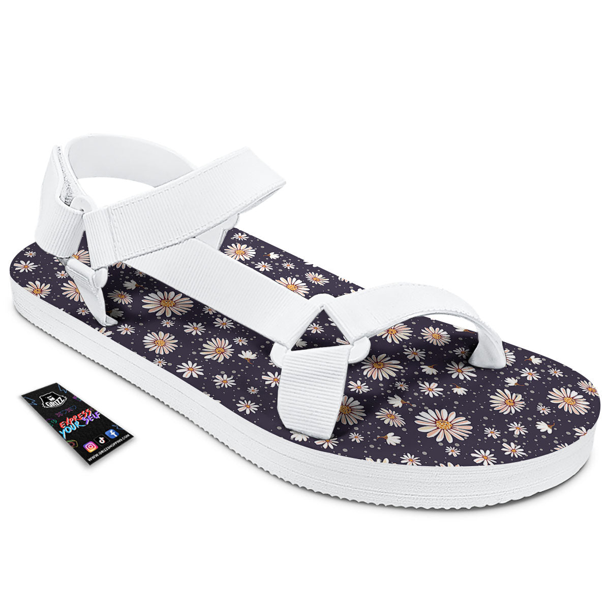 Daisy Flower Polka Dot Print Pattern White Open Toe Sandals-grizzshop