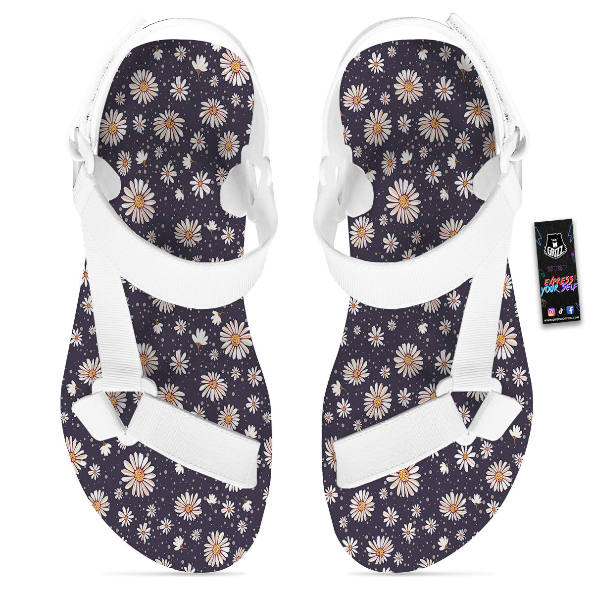 Daisy Flower Polka Dot Print Pattern White Open Toe Sandals-grizzshop