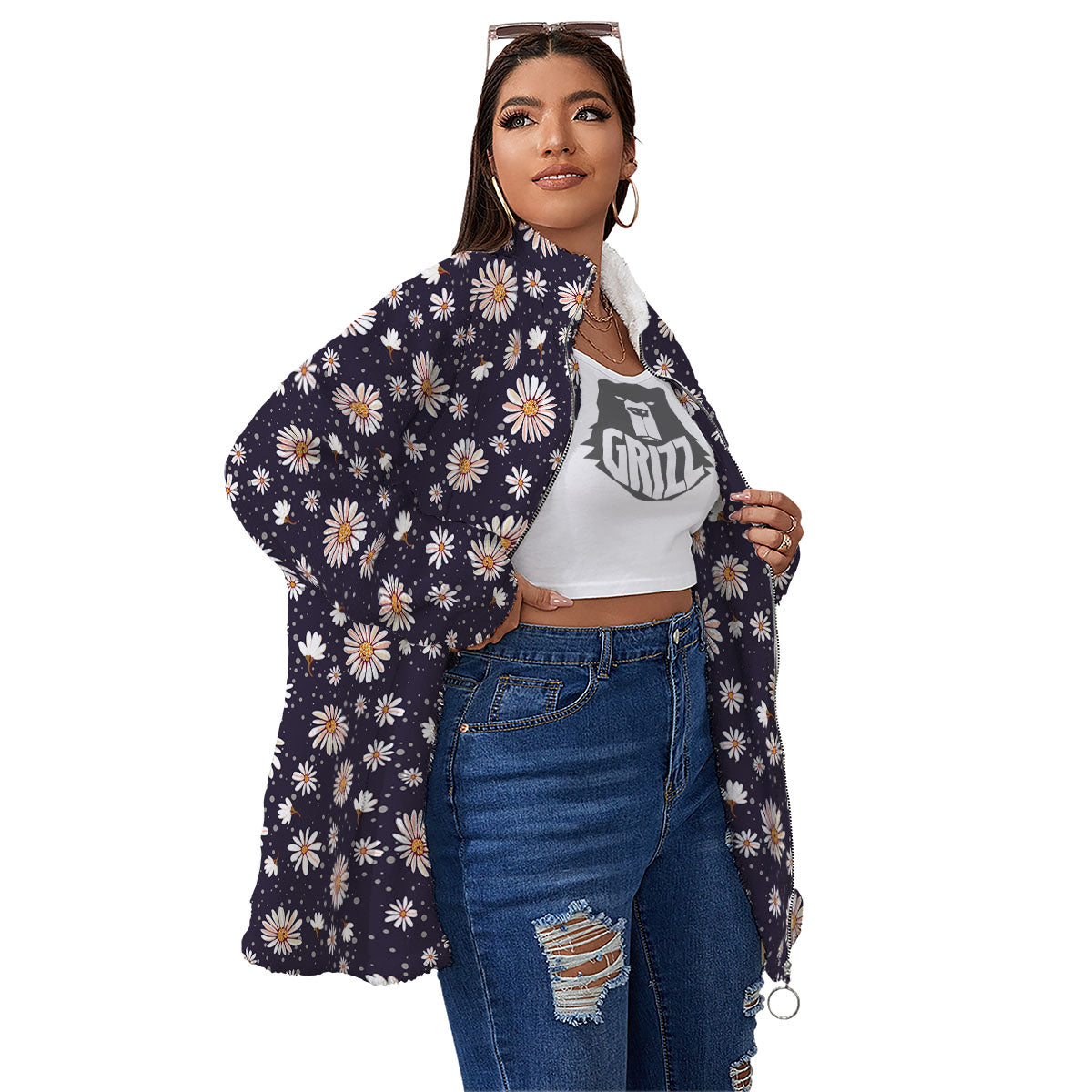 Daisy Flower Polka Dot Print Pattern Women's Sherpa Jacket-grizzshop