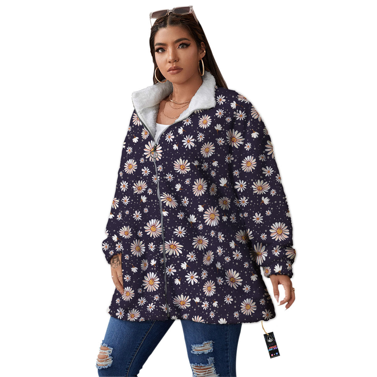 Daisy Flower Polka Dot Print Pattern Women's Sherpa Jacket-grizzshop