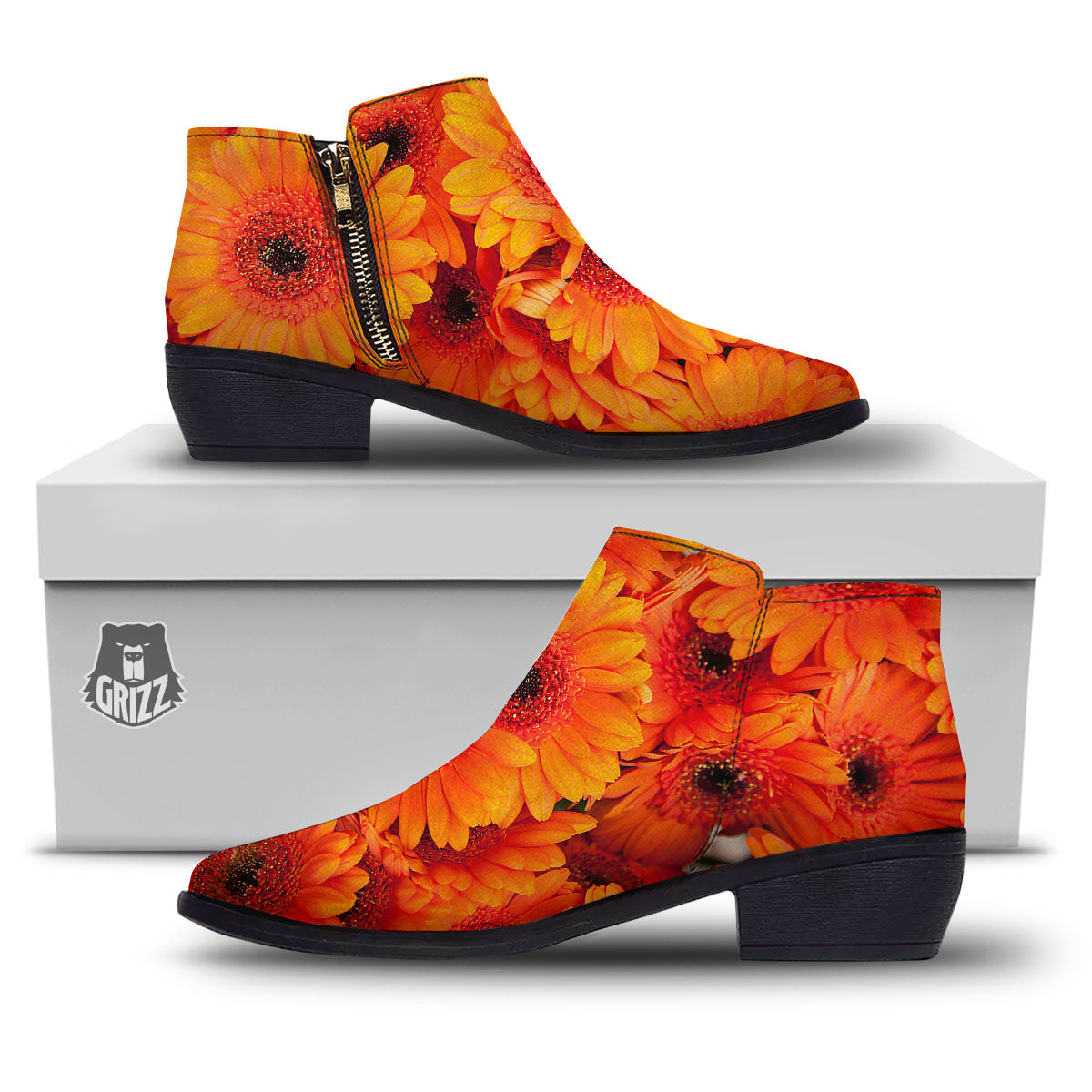 Daisy Orange Flower Print Ankle Boots-grizzshop
