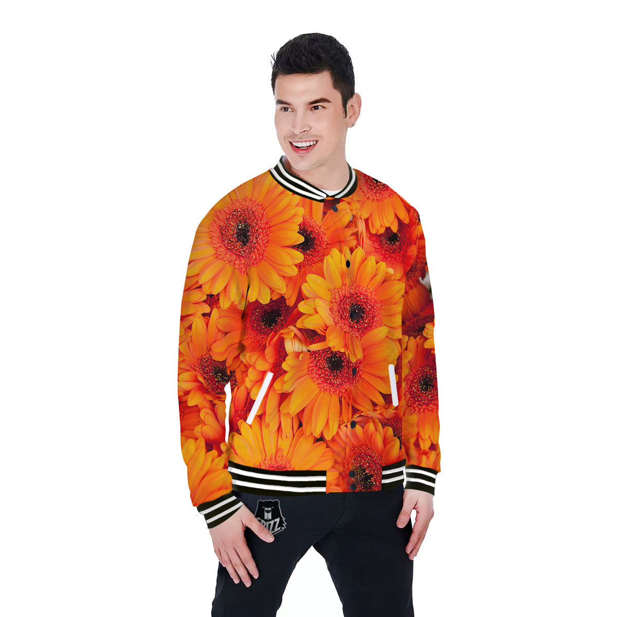 Daisy Orange Flower Print Baseball Jacket-grizzshop