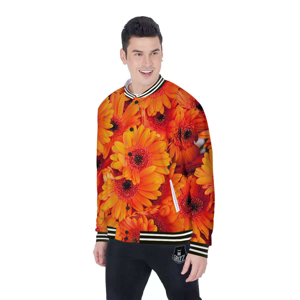 Daisy Orange Flower Print Baseball Jacket-grizzshop