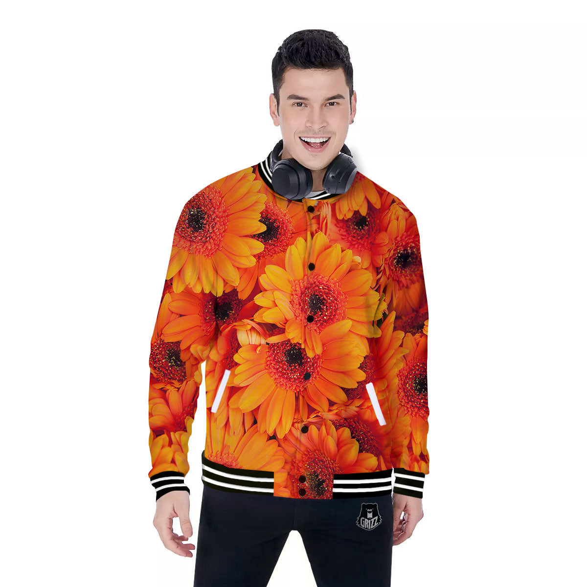 Daisy Orange Flower Print Baseball Jacket-grizzshop