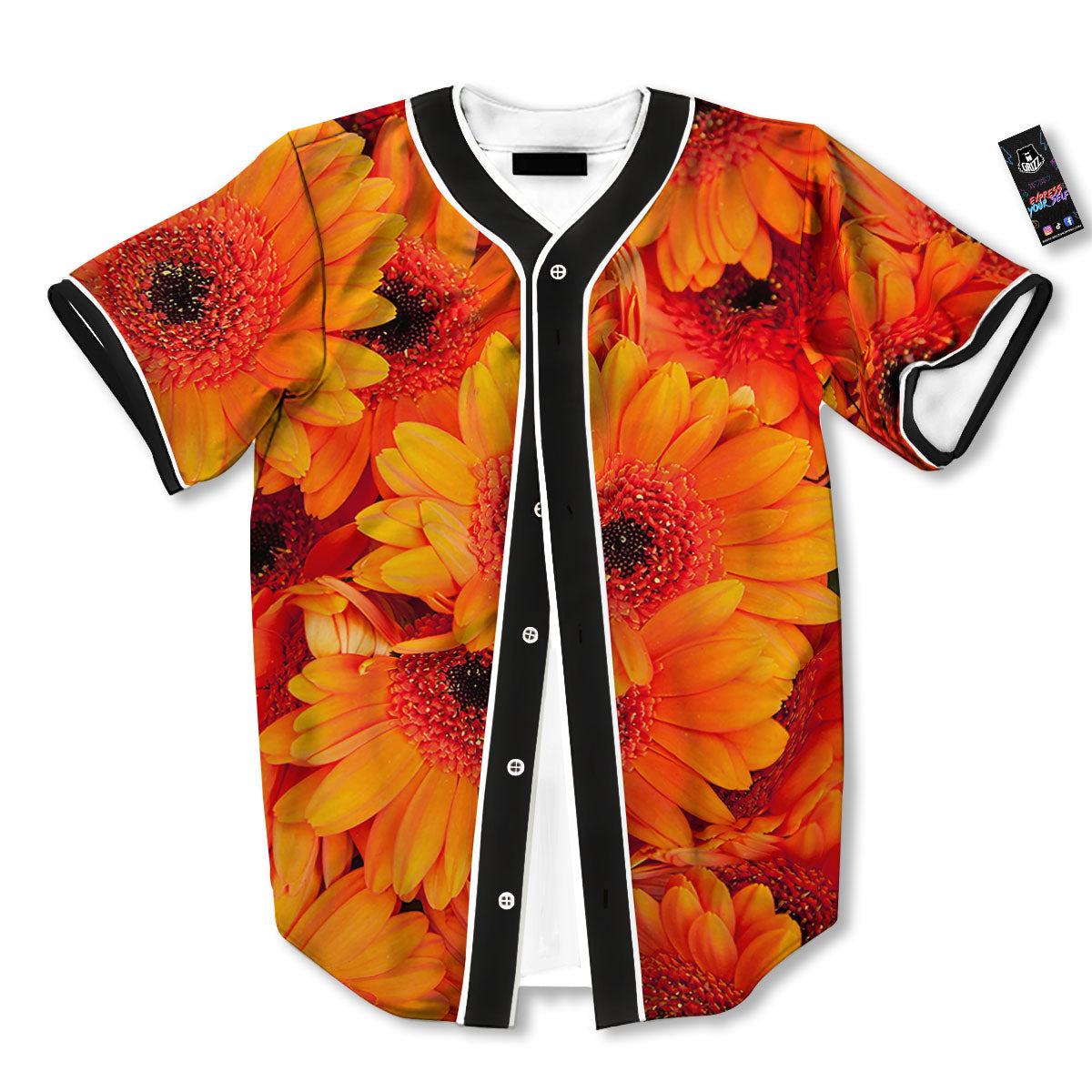 Daisy Orange Flower Print Baseball Jersey-grizzshop