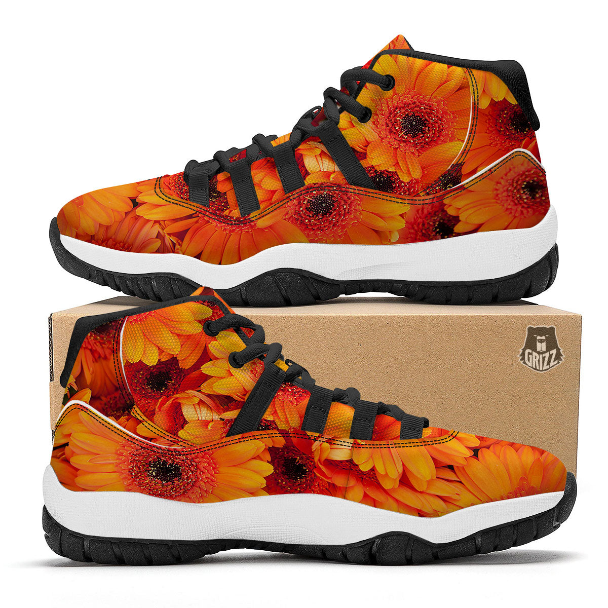 Daisy Orange Flower Print Black Bball Shoes-grizzshop