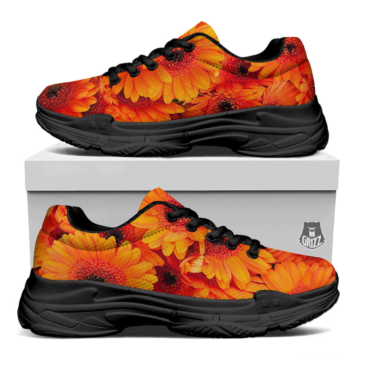 Daisy Orange Flower Print Black Chunky Shoes-grizzshop