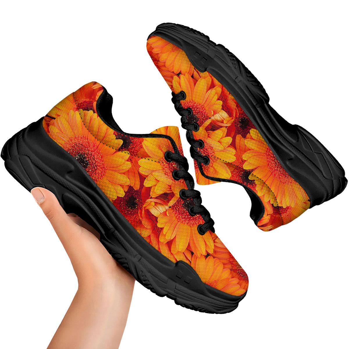 Daisy Orange Flower Print Black Chunky Shoes-grizzshop