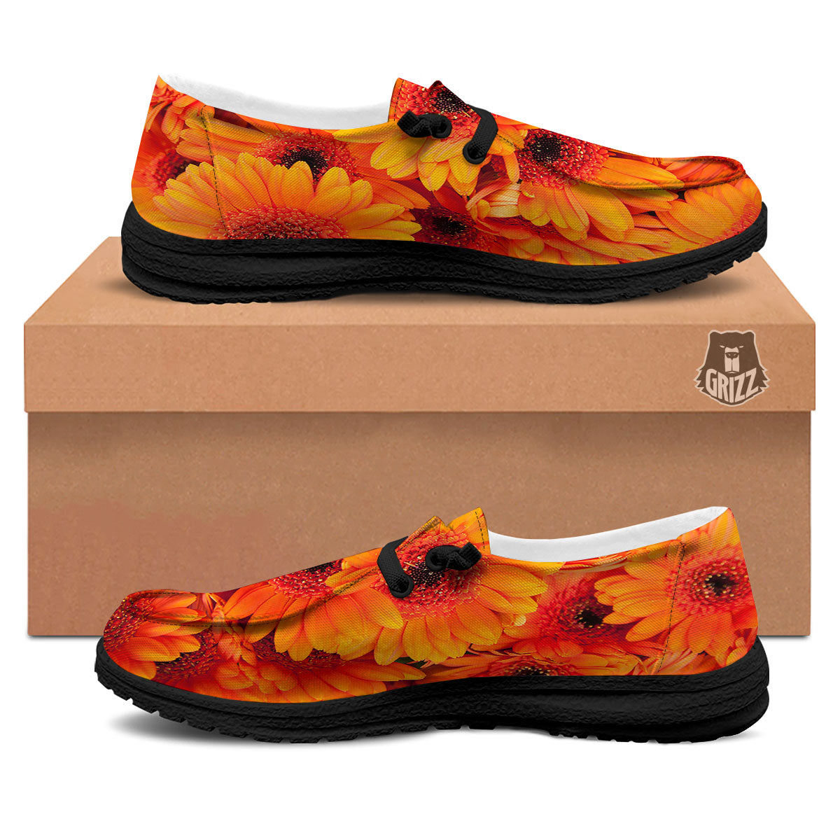 Daisy Orange Flower Print Black Loafers-grizzshop