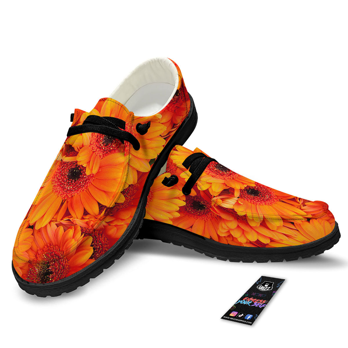 Daisy Orange Flower Print Black Loafers-grizzshop