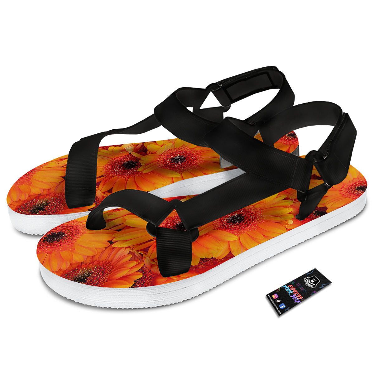 Daisy Orange Flower Print Black Open Toe Sandals-grizzshop