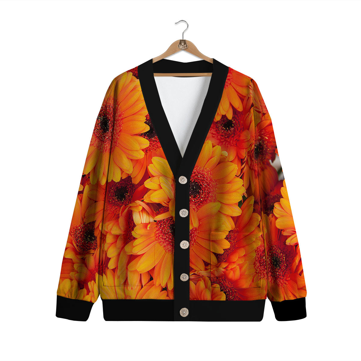Daisy Orange Flower Print Cardigan-grizzshop