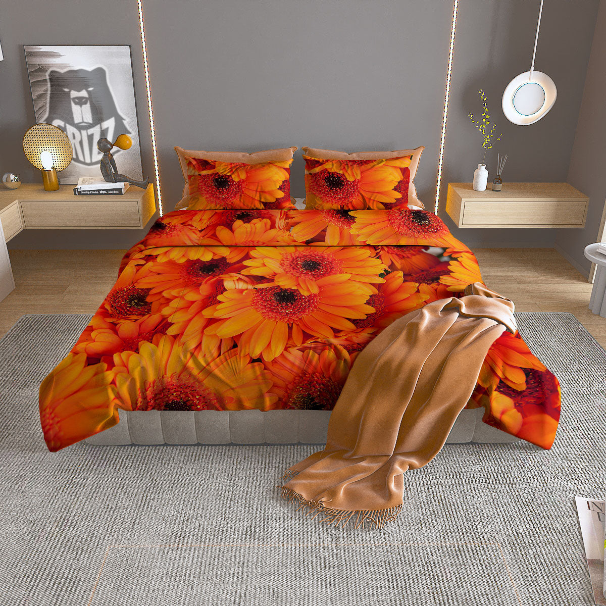 Daisy Orange Flower Print Duvet Cover Bedding Set