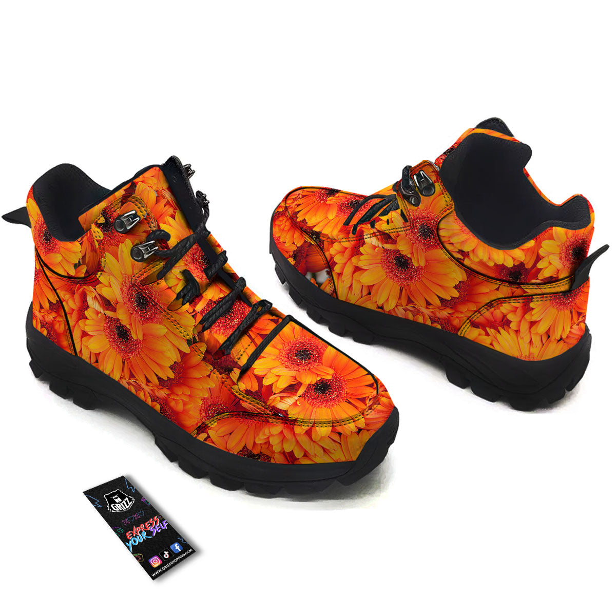 Daisy Orange Flower Print Hiking Shoes-grizzshop