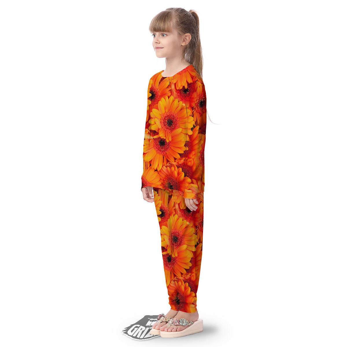 Daisy Orange Flower Print Kid's Pajamas-grizzshop