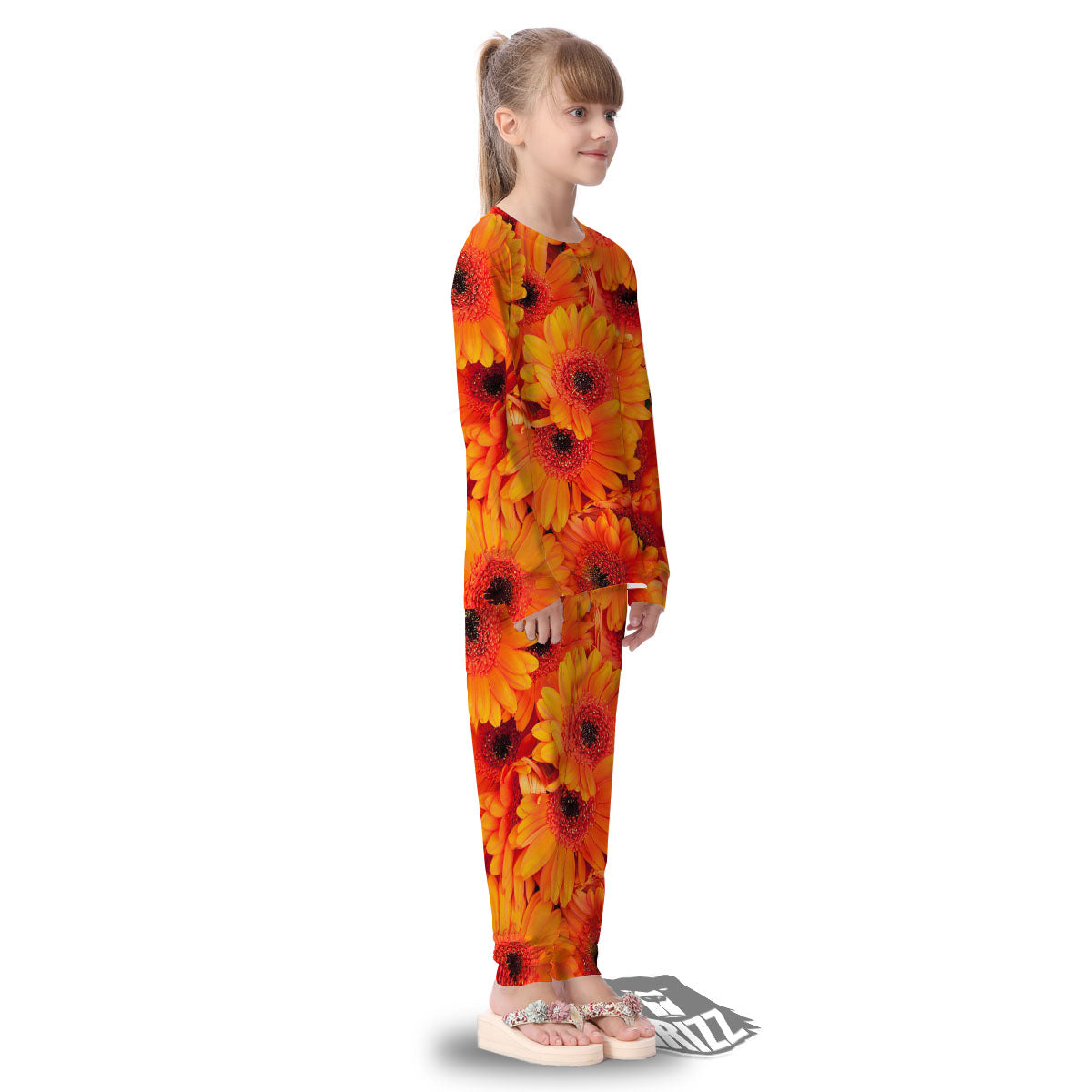 Daisy Orange Flower Print Kid's Pajamas-grizzshop