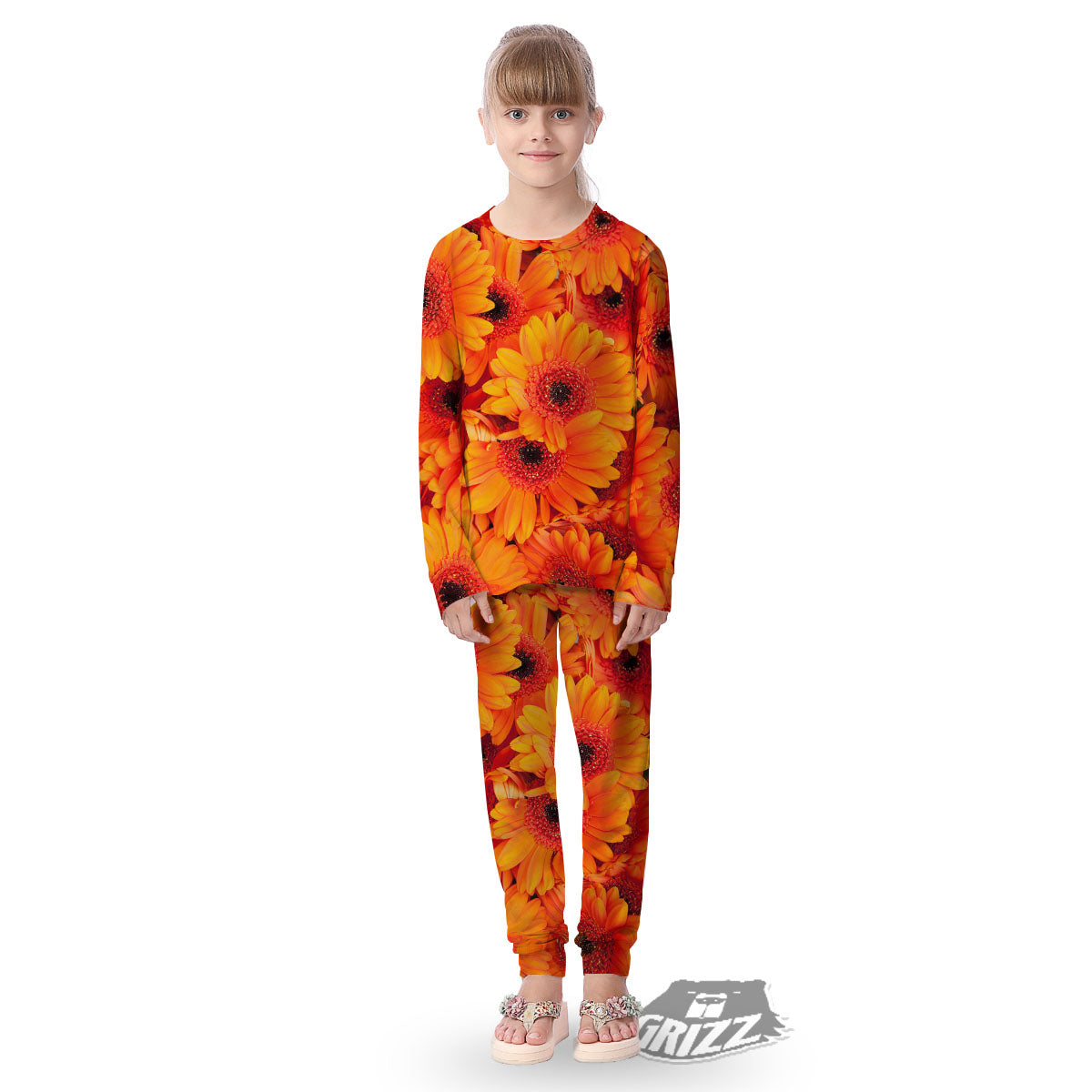 Daisy Orange Flower Print Kid's Pajamas-grizzshop