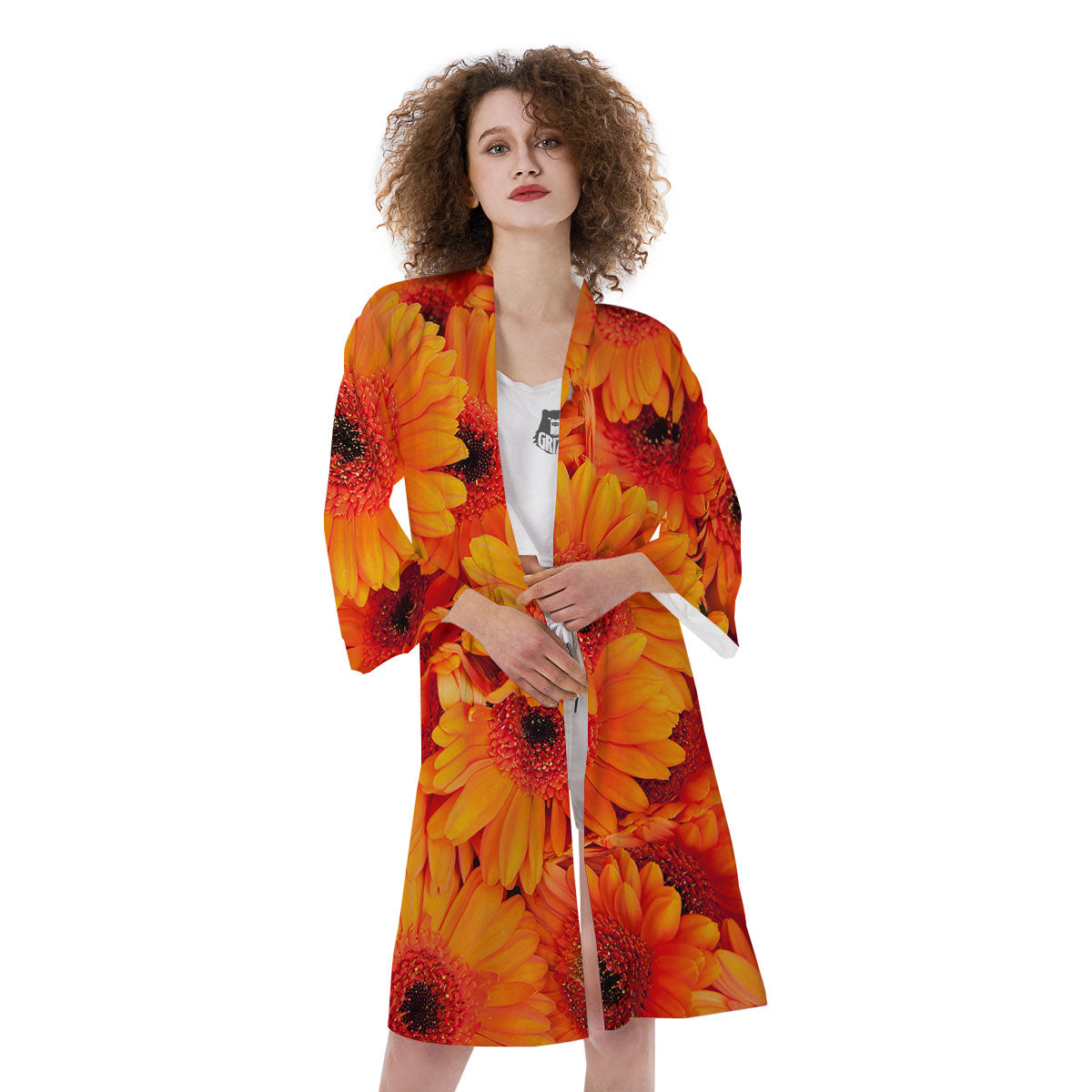 Daisy Orange Flower Print Kimono-grizzshop