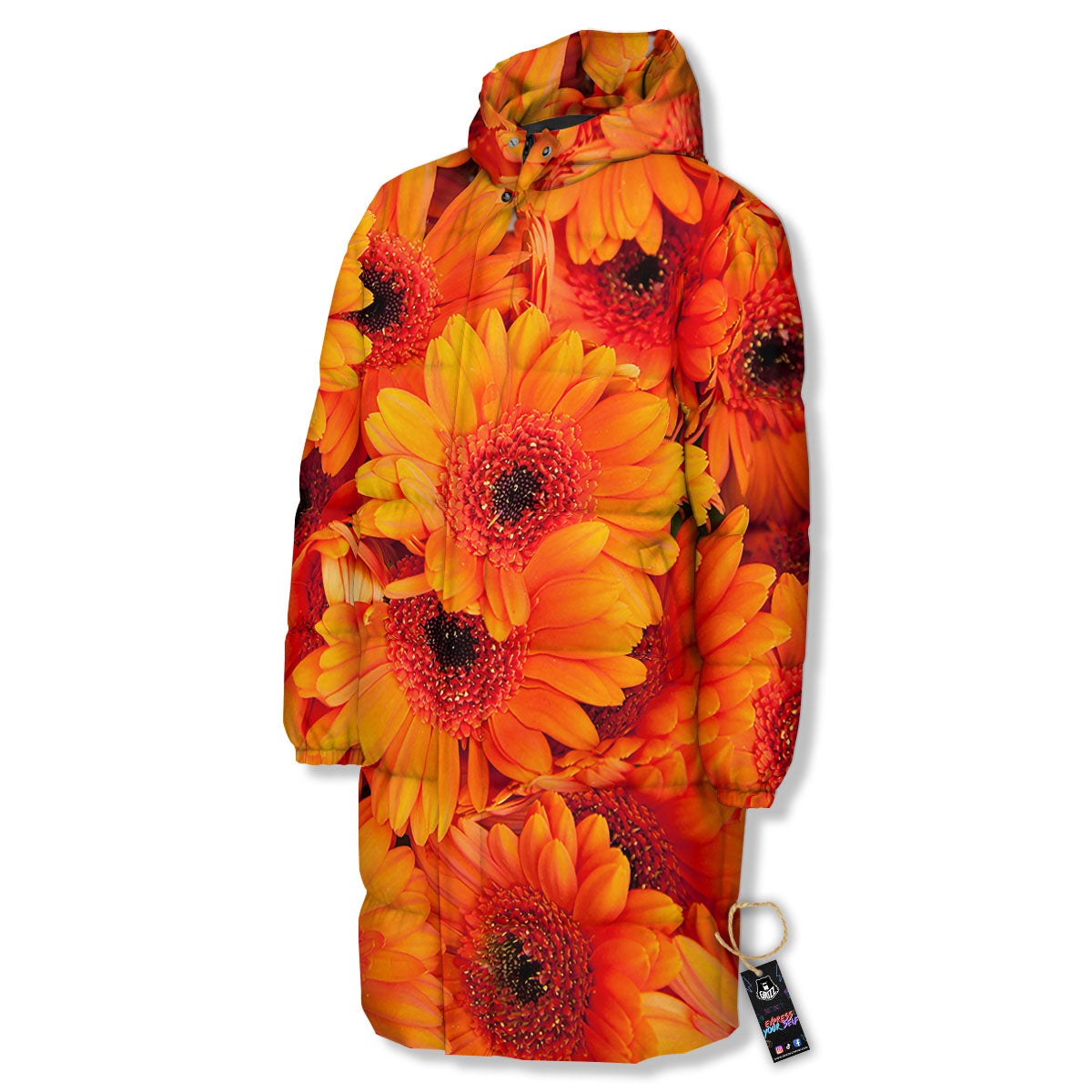 Daisy Orange Flower Print Long Down Jacket-grizzshop
