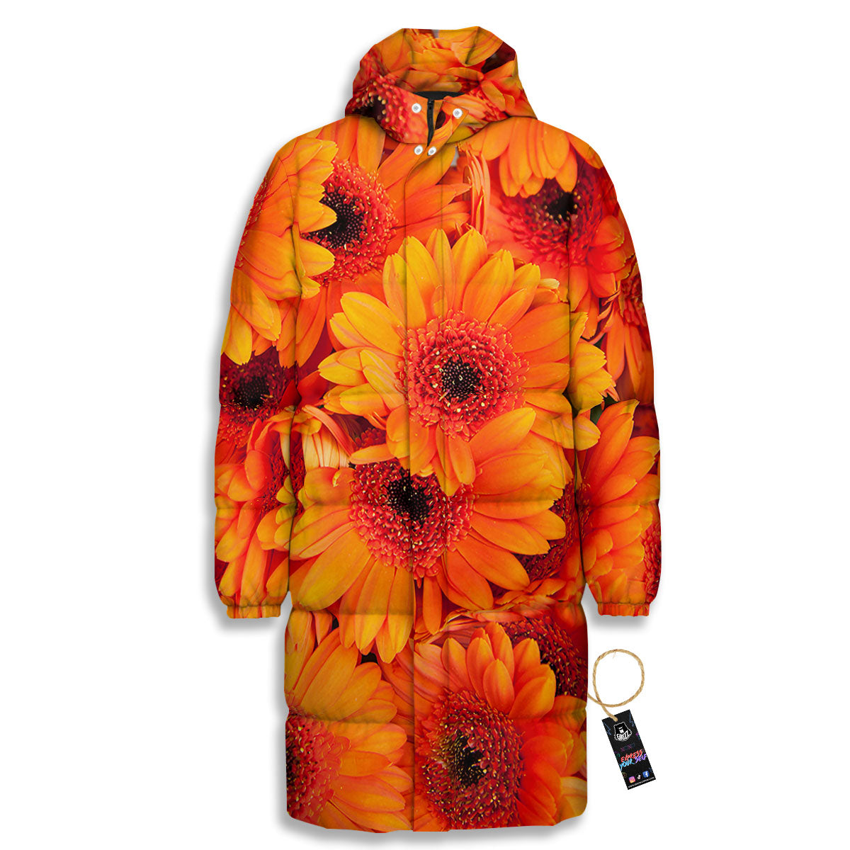 Daisy Orange Flower Print Long Down Jacket-grizzshop