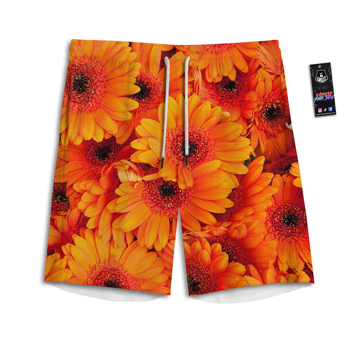Daisy Orange Flower Print Men's Athletic Shorts
