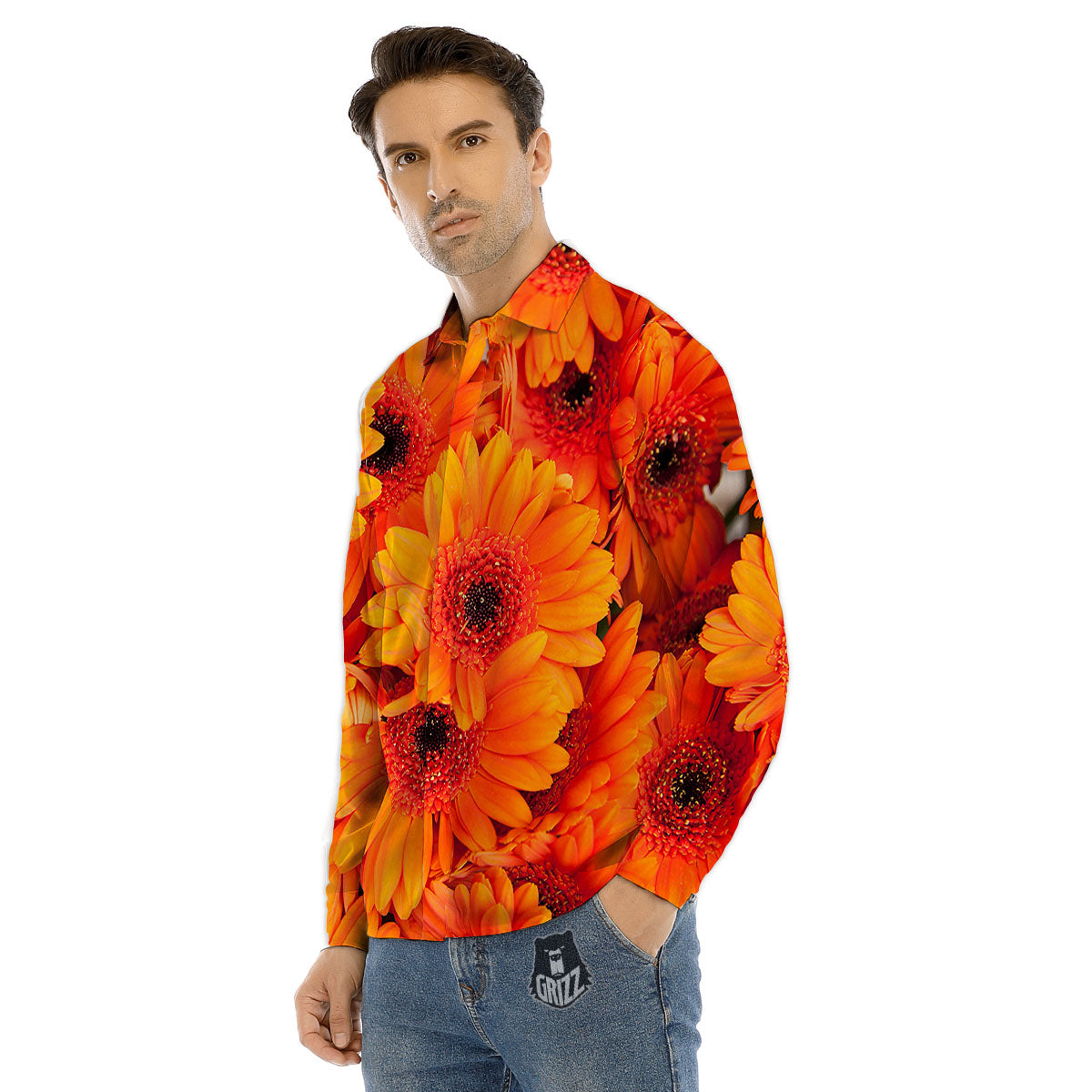Daisy Orange Flower Print Men's Dress Shirts-grizzshop