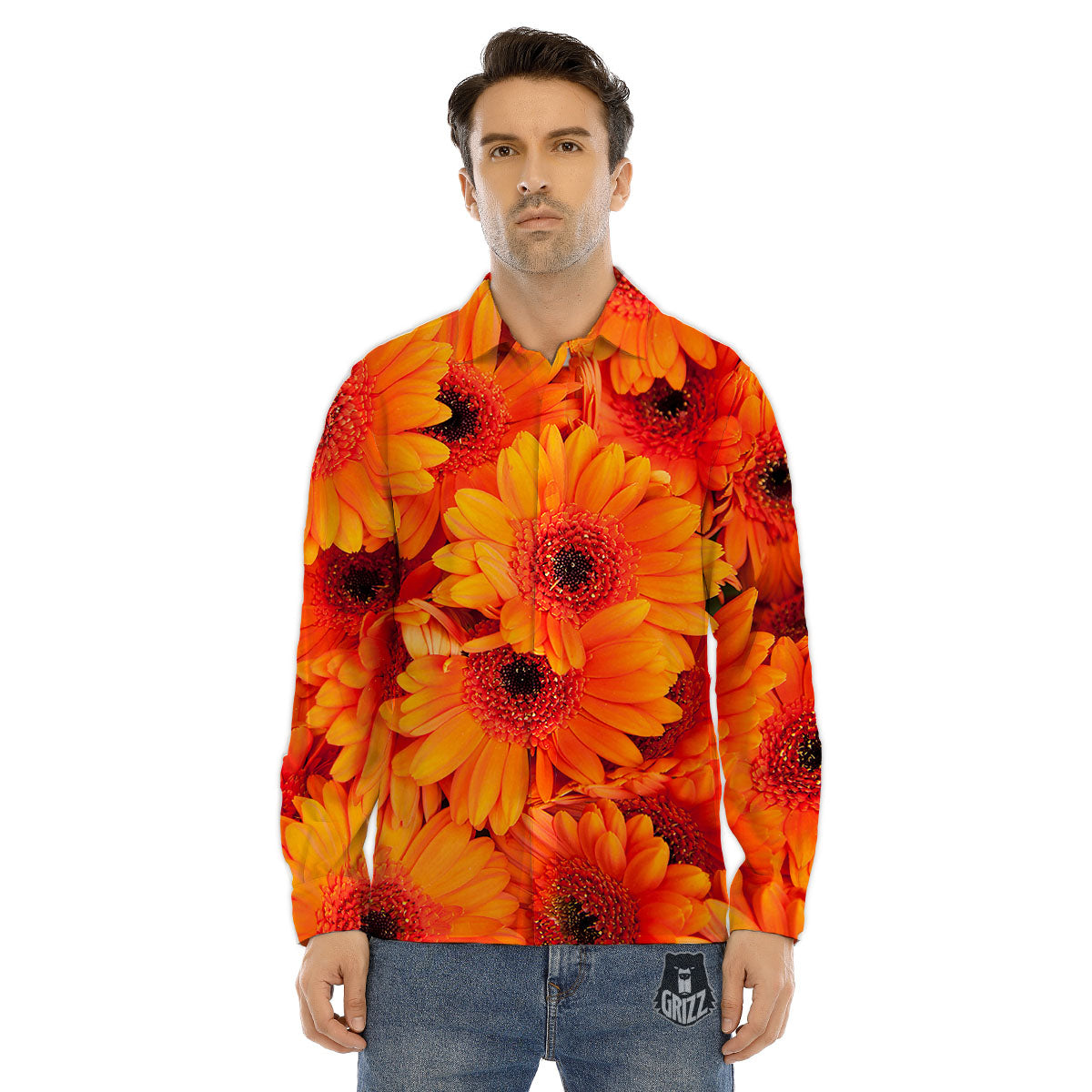 Daisy Orange Flower Print Men's Dress Shirts-grizzshop