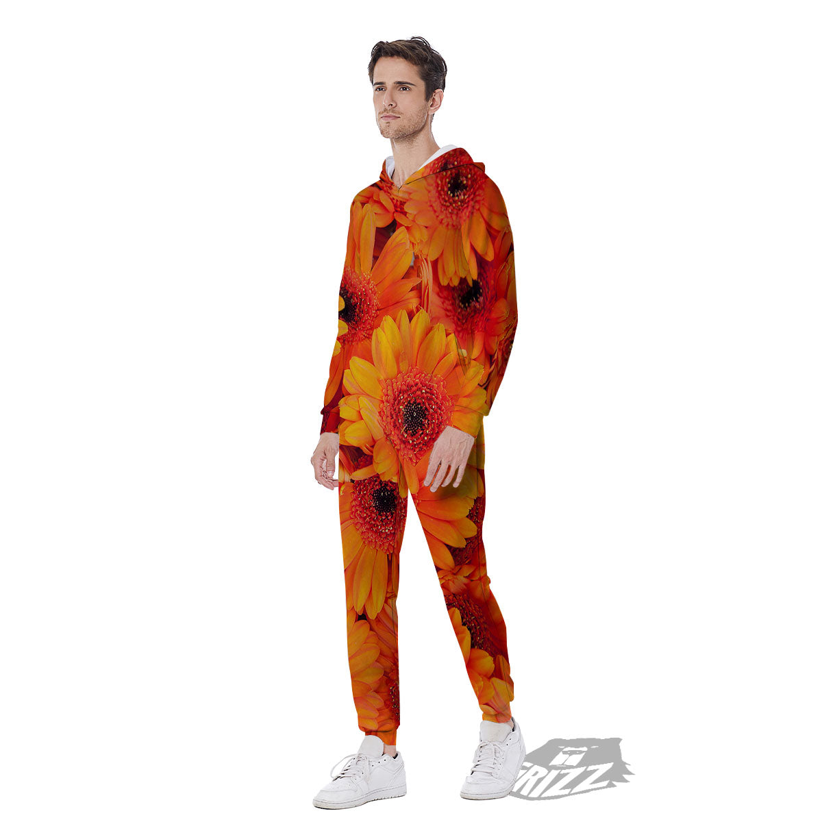 Daisy Orange Flower Print Men's Jumpsuit-grizzshop