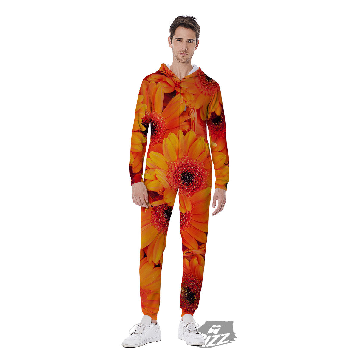 Daisy Orange Flower Print Men's Jumpsuit-grizzshop