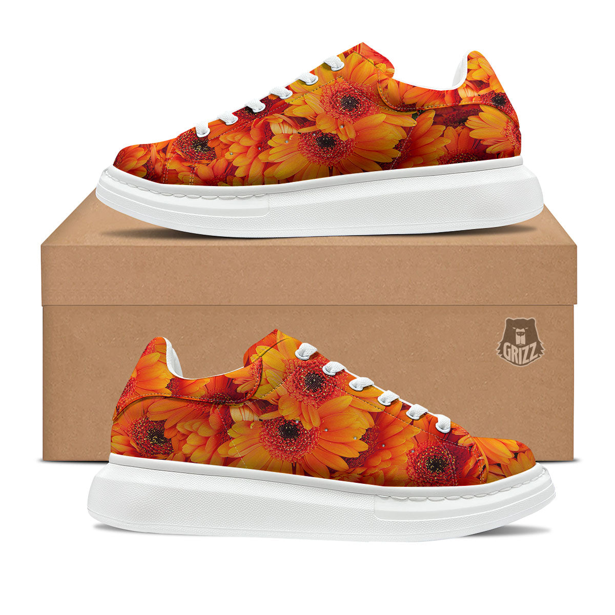 Daisy Orange Flower Print Platform Shoes-grizzshop
