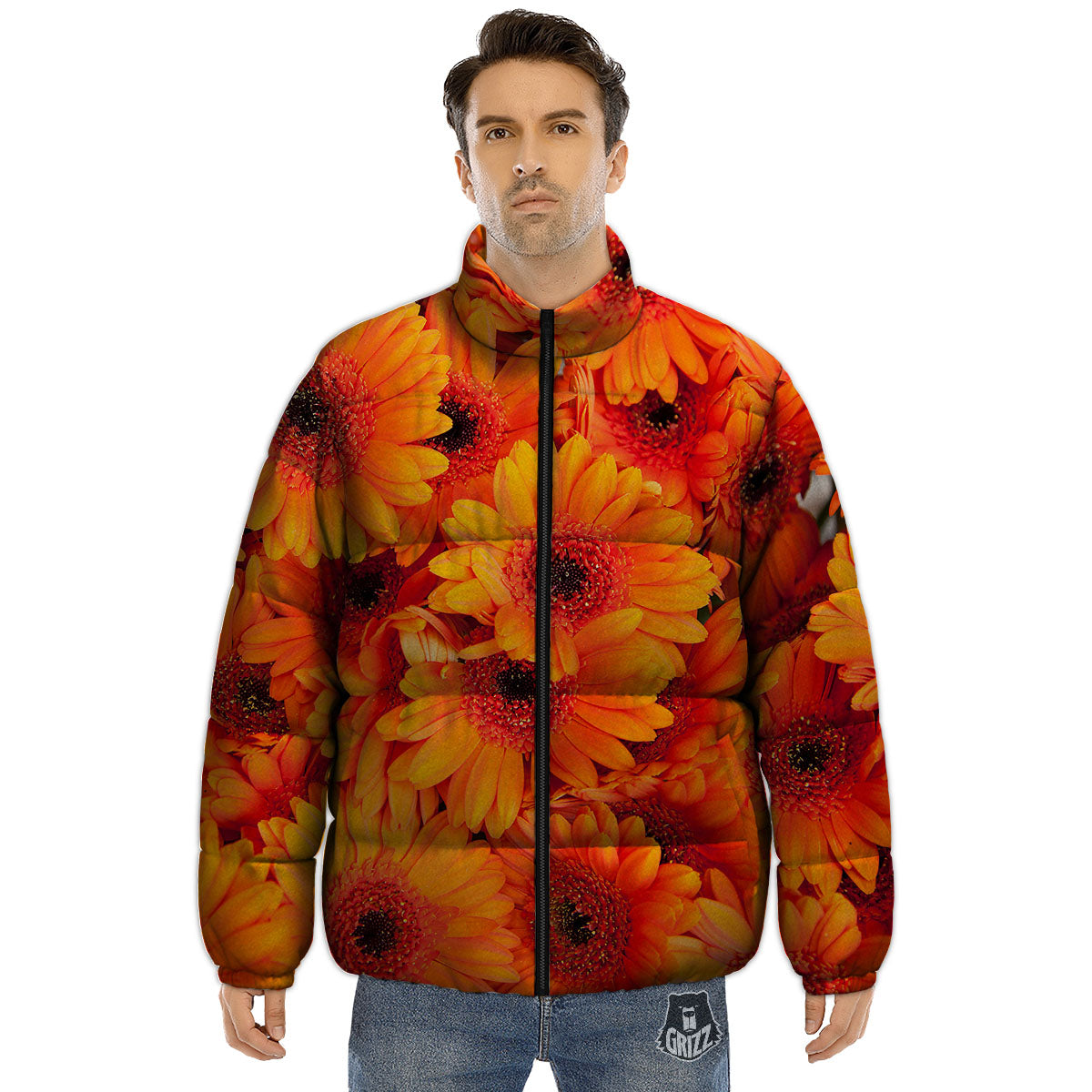 Daisy Orange Flower Print Puffer Jacket-grizzshop
