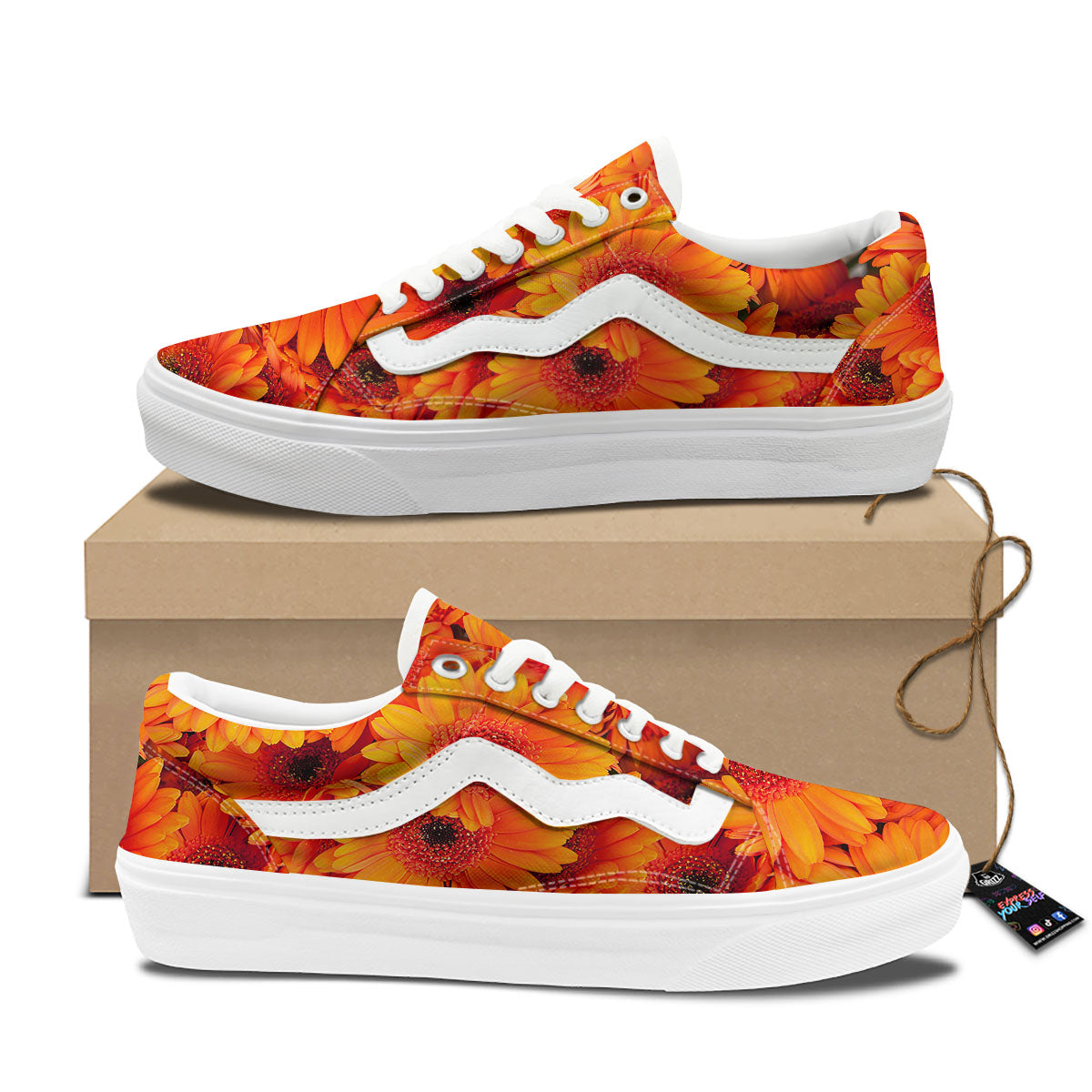 Daisy Orange Flower Print Skate Shoes-grizzshop