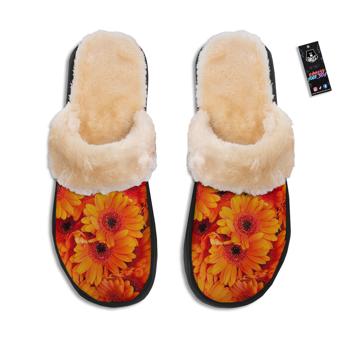 Daisy Orange Flower Print Slippers-grizzshop
