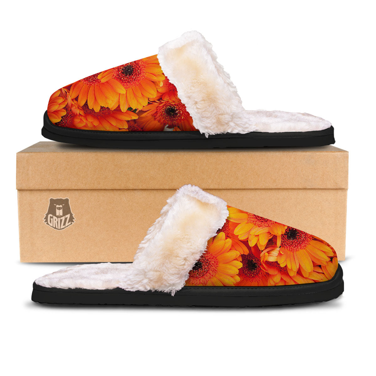 Daisy Orange Flower Print Slippers-grizzshop