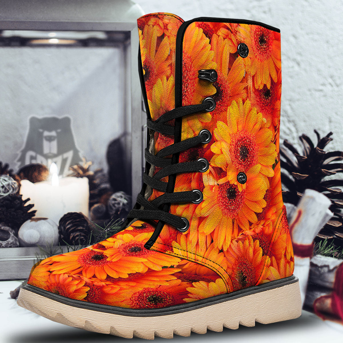 Daisy Orange Flower Print Snow Boots-grizzshop