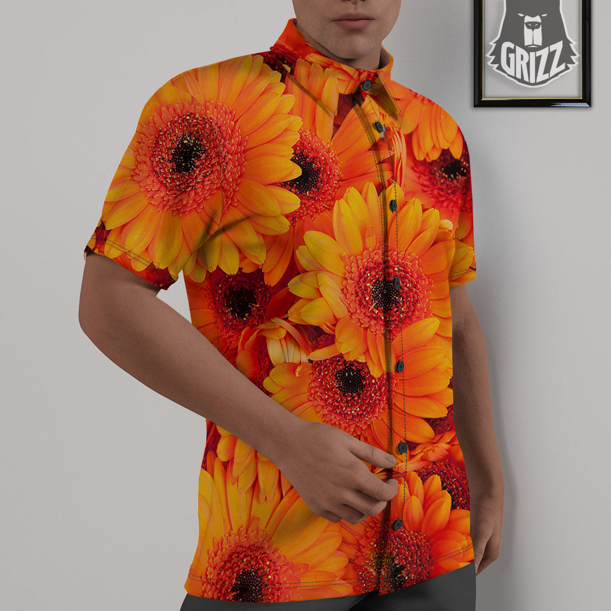 Daisy Orange Flower Print Untucked Shirts-grizzshop