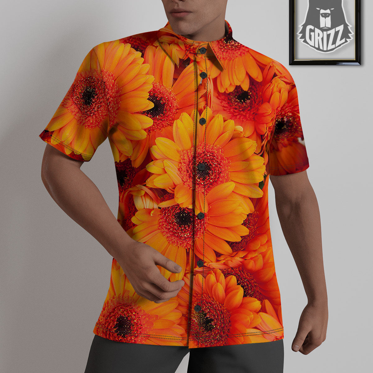 Daisy Orange Flower Print Untucked Shirts-grizzshop