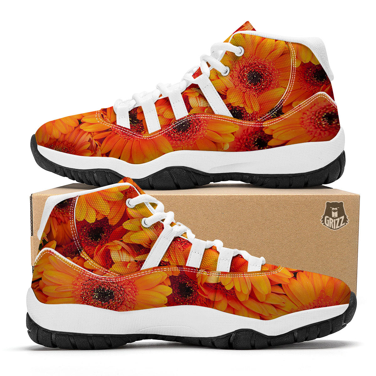 Daisy Orange Flower Print White Bball Shoes-grizzshop