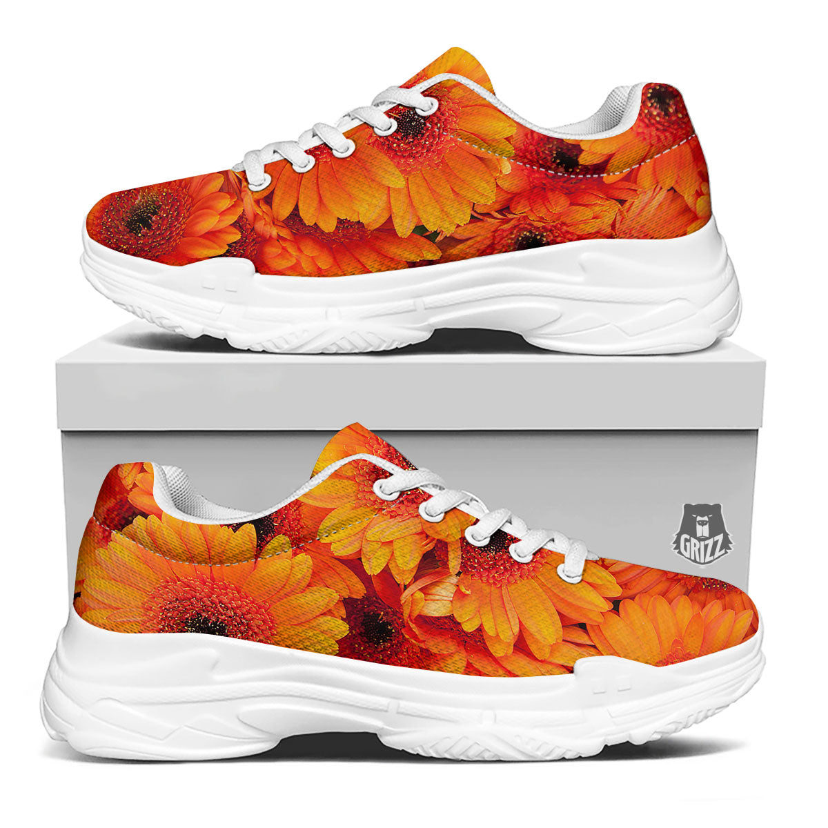 Daisy Orange Flower Print White Chunky Shoes-grizzshop