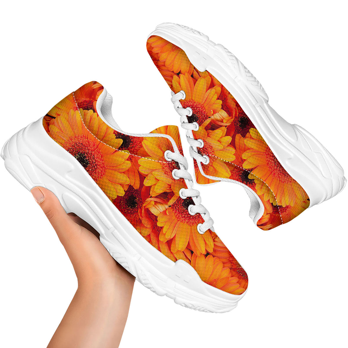 Daisy Orange Flower Print White Chunky Shoes-grizzshop