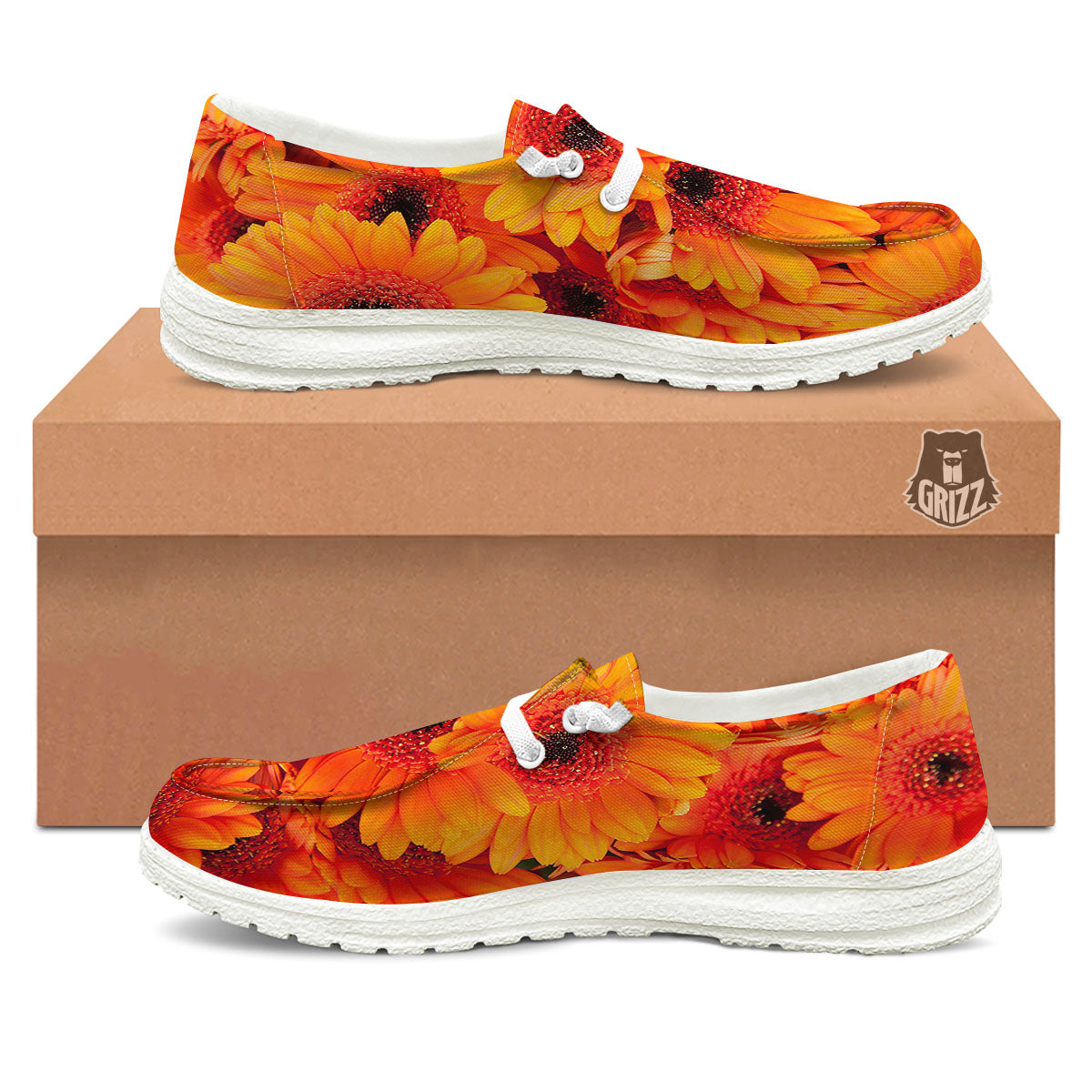 Daisy Orange Flower Print White Loafers-grizzshop