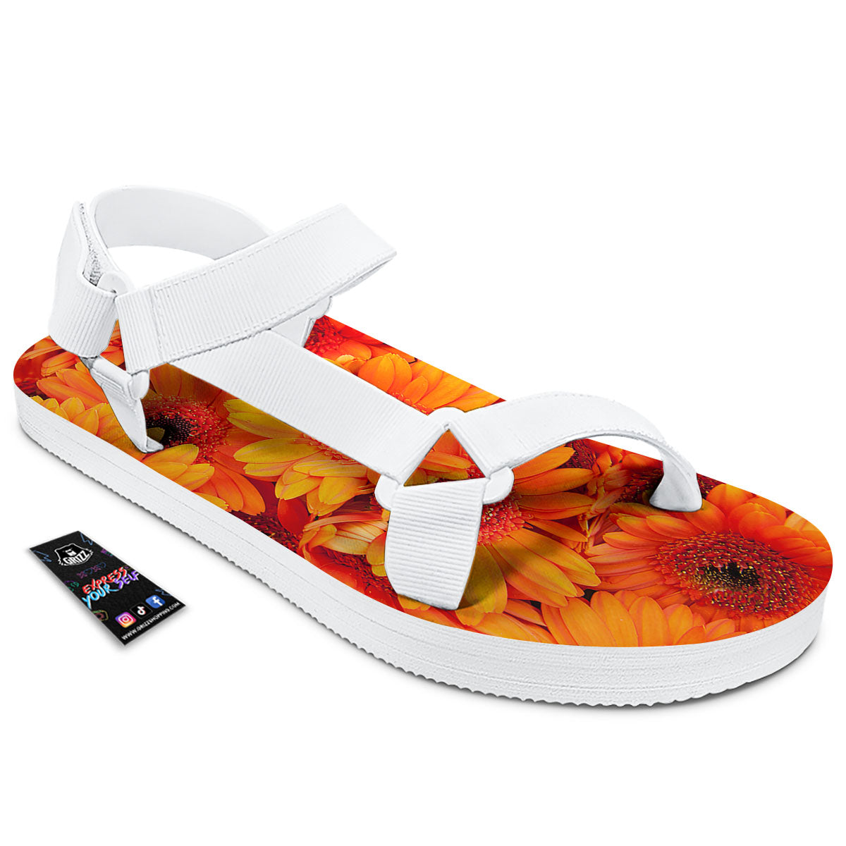 Daisy Orange Flower Print White Open Toe Sandals-grizzshop