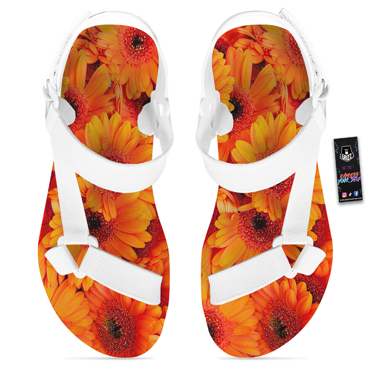 Daisy Orange Flower Print White Open Toe Sandals-grizzshop