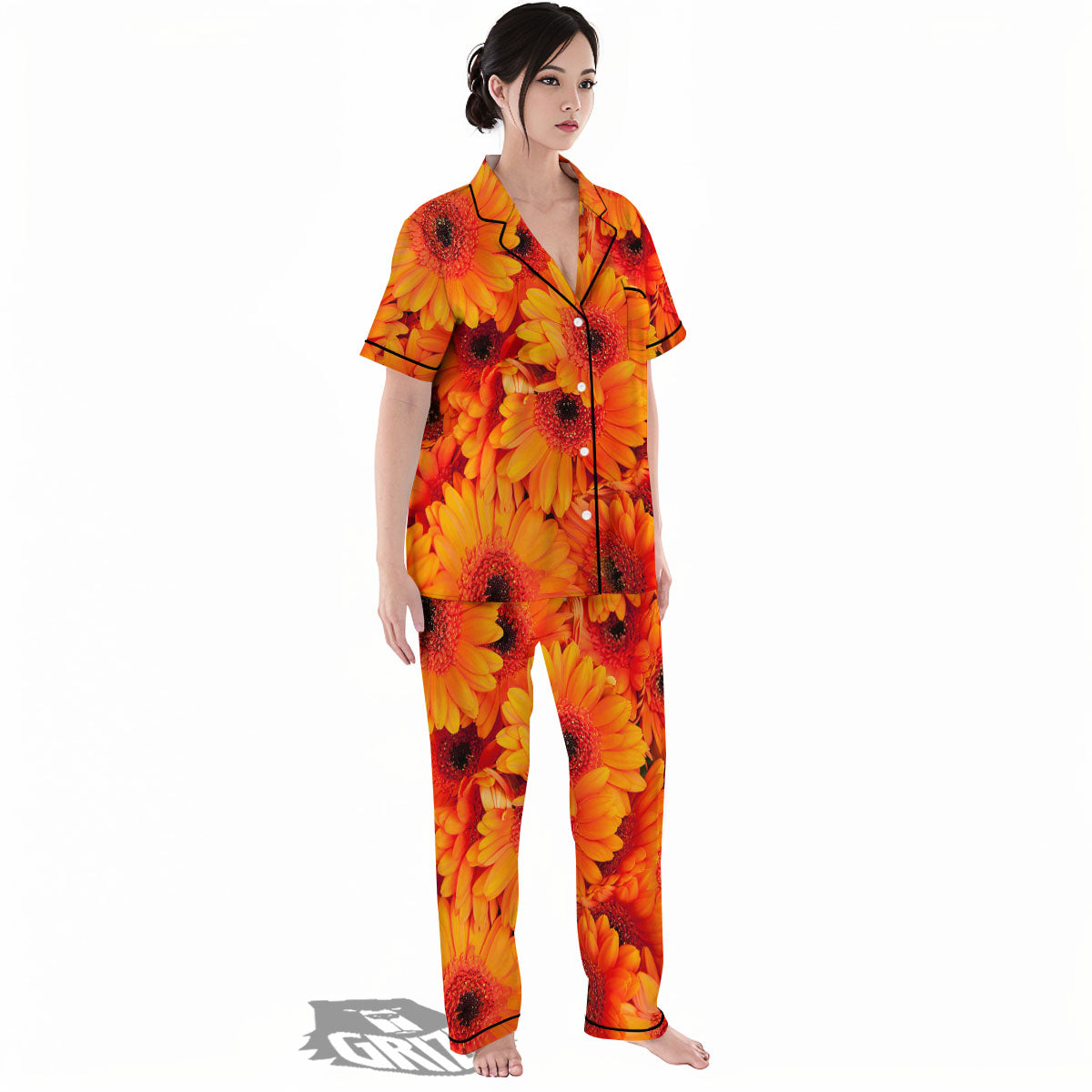 Daisy Orange Flower Print Women's Pajamas Set-grizzshop