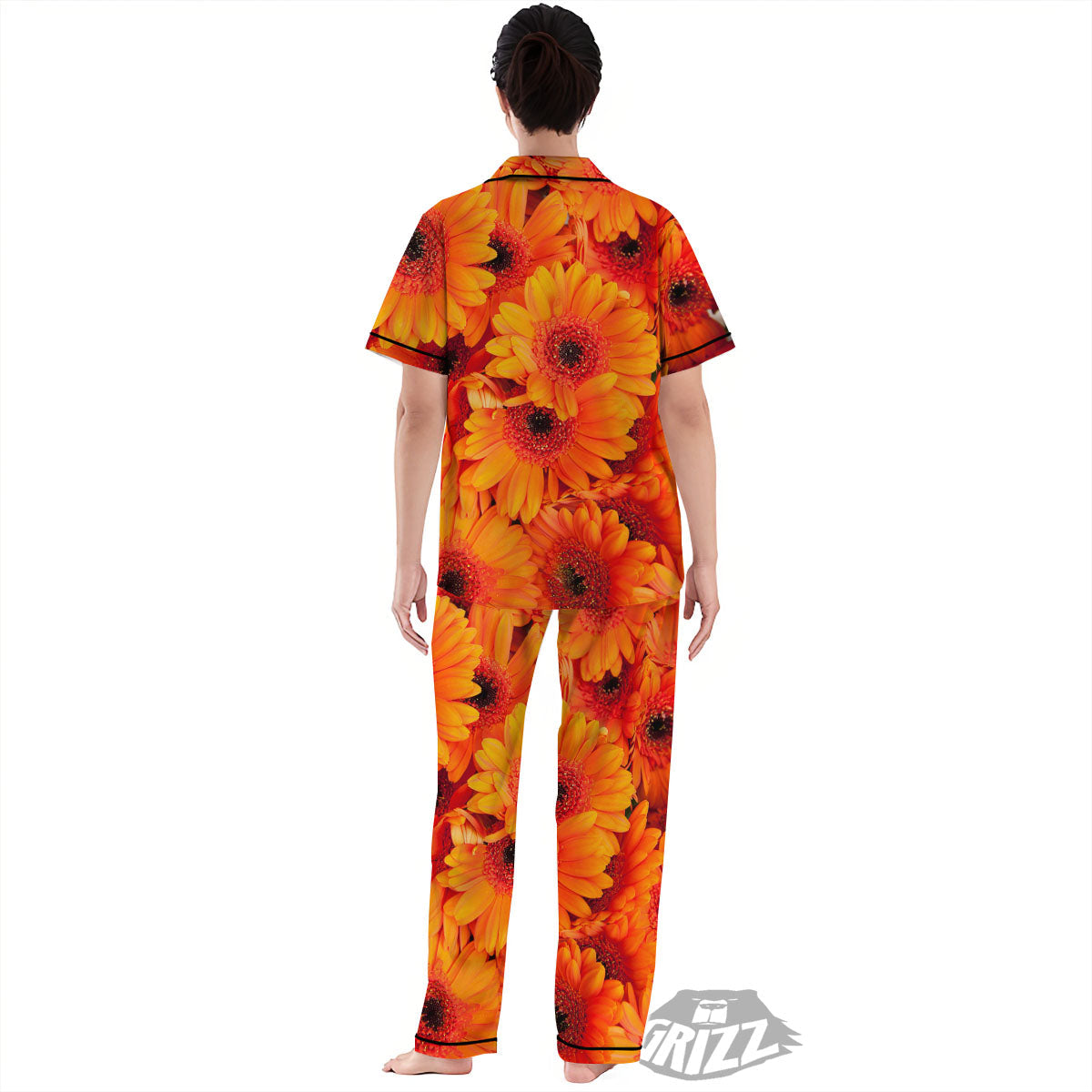 Daisy Orange Flower Print Women's Pajamas Set-grizzshop