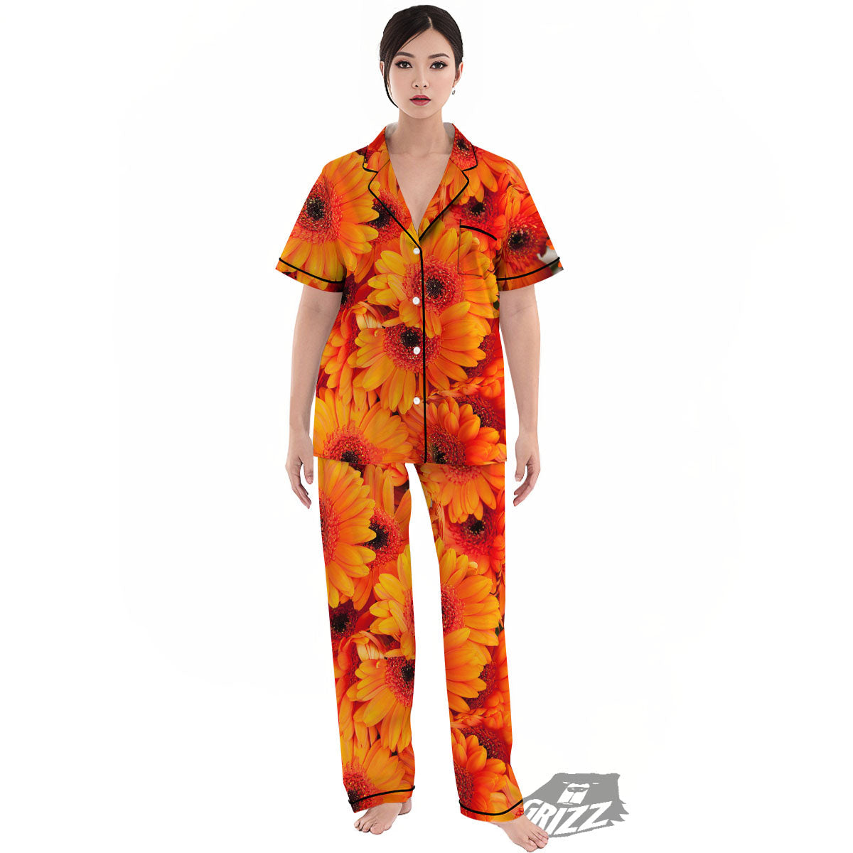 Daisy Orange Flower Print Women's Pajamas Set-grizzshop